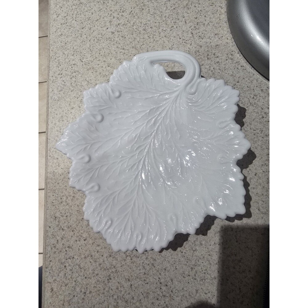 Vintage Fenton Leaf White Milk Glass Serving Plate Stem Handle